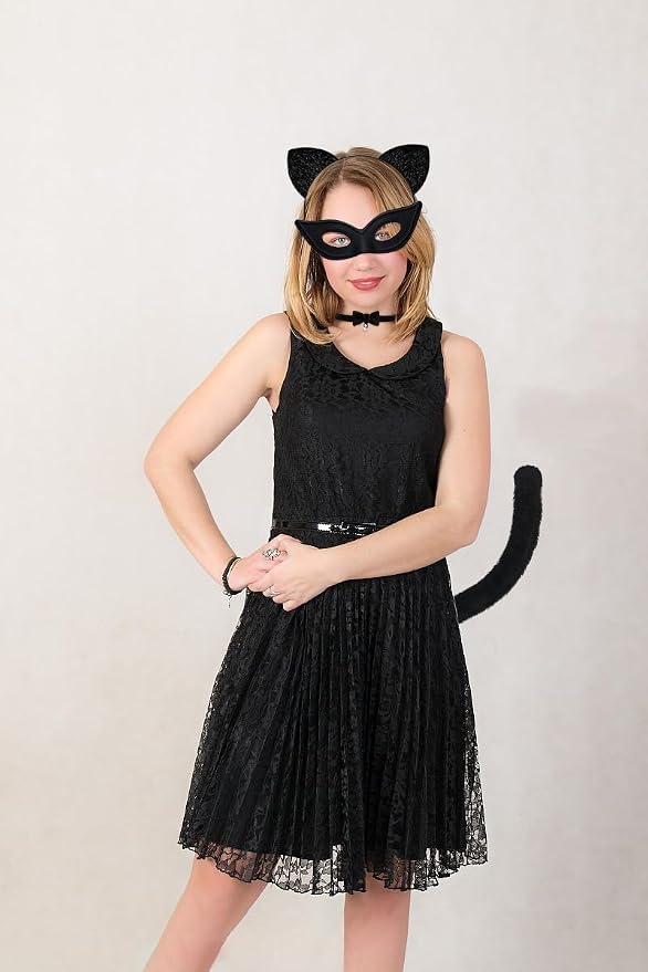 Cat Costume Cat Ear Necklace and Short VersionTail with Black Mask for Girls Women Cosplay Costome for Halloween