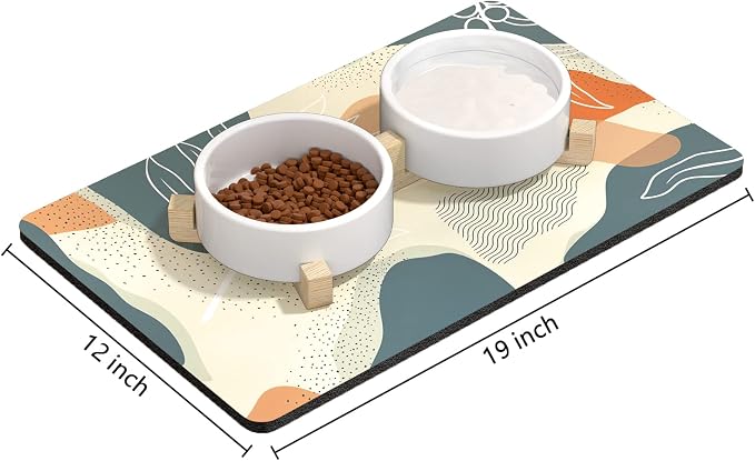 Rnivvi Dog Food Mat, 12" x 19" Boho Absorbent Dog Cat Bowl Mat for Food and Water, Cute Anti-Slip Rubber Pet Feeding Rug Protect Floors, Puppy Placemat for Feeding & Watering Supplies, Abstract Leaves