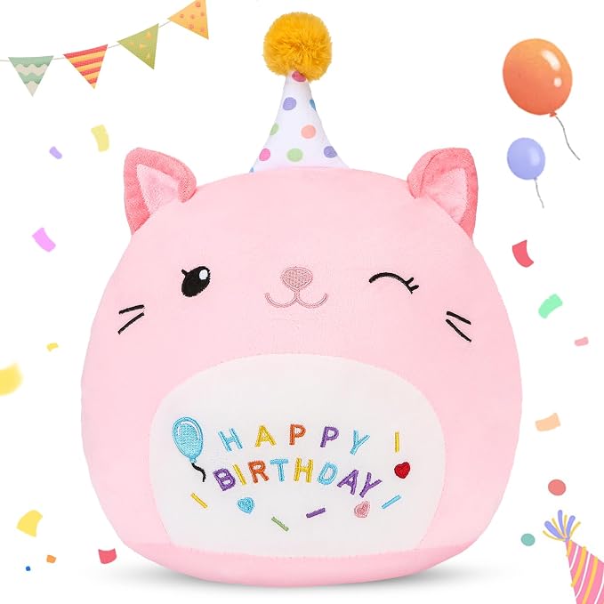 Cat Plush Toy Birthday Decor Pink Cat Plushies Pillow Cat Stuffed Animal Soft Plushie Gifts for Girlfriend Kids Girls Boys 13.7”(Large Cat Plush)