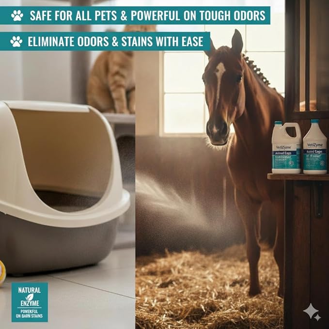 VetiZyme Animal Cage & Stall Cleaner – Natural Enzyme Cleaner & Odor Eliminator – Sanitizes, Disinfects & Remove Germs, Bacteria, Mold & Mildew – Non Toxic, Safe for Pets, Livestock & Facilities