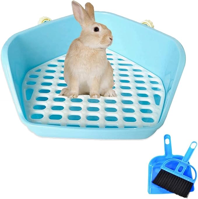 kathson Rabbit Litter Box Pet Toilet Cage Box Potty Trainer Corner with Small Animal Cage Cleaner Broom Brush Dustpan for Bunny Chinchilla Guinea Pig Ferret(Blue)