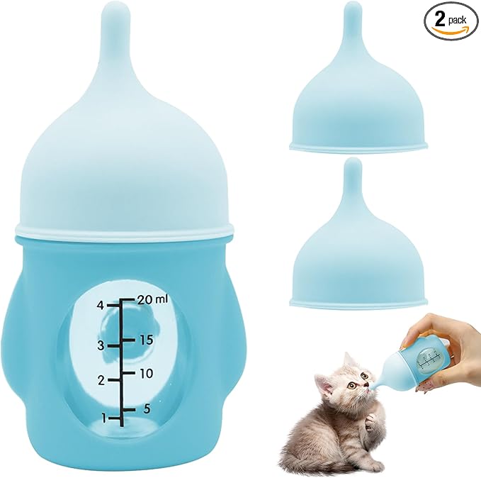 Pet Feeder Bottle Animal Feeding Bottles Kitten Bottles for Nursing Anti-Choking Design for Newborn Kittens Puppies Small Animals with 2 Pcs Replacement Nipple (Blue, 20 ml)