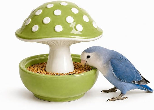 Small Animal & Bird Feeding Dish, Ceramic Mushroom No Mess Feeder for Cage, Dual-Use Food or Water Bowl for Hamster, Budgie, Cockatiel, 4.33" Height