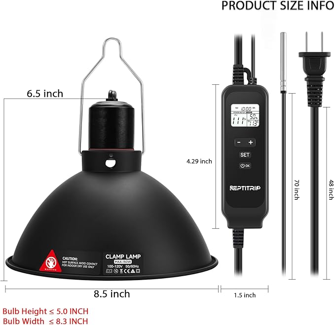 8.5" Reptile Heat Lamp Fixture with PID Dimming Thermostat, Independent Day Night Temperature Control, MAX 150W (Bulb Not Included)