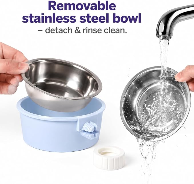 Small Pet Food & Water Bowl Feeder for Hamsters, Guinea Pigs, Rabbits | Secure cage bowl with removable stainless steel insert reduces spills, saves space, convenient daily feeding