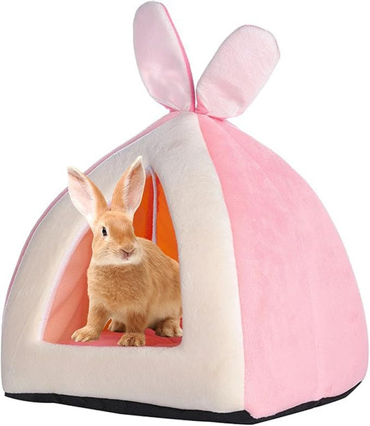 Fhiny Rabbit Bed Cave Cozy Guinea Pig Hideout Cute Bunny Bed Large House Winter Nest Dwarf Rabbit Cage Accessories for Chinchilla Ferret Hedgehog or Other Small Animals（Pink）