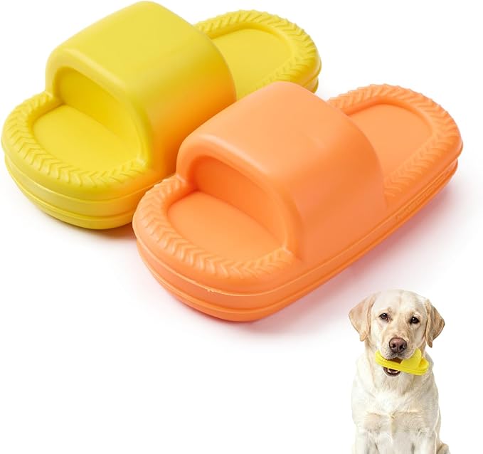 MECOOL Squeaky Slipper Dog Toy - Chew Toys for Aggressive Chewers, Durable Rubber Chew Toy for Dental Cleaning & Boredom Relief, for Small Medium Dogs, 2PCS Yellow and Orange