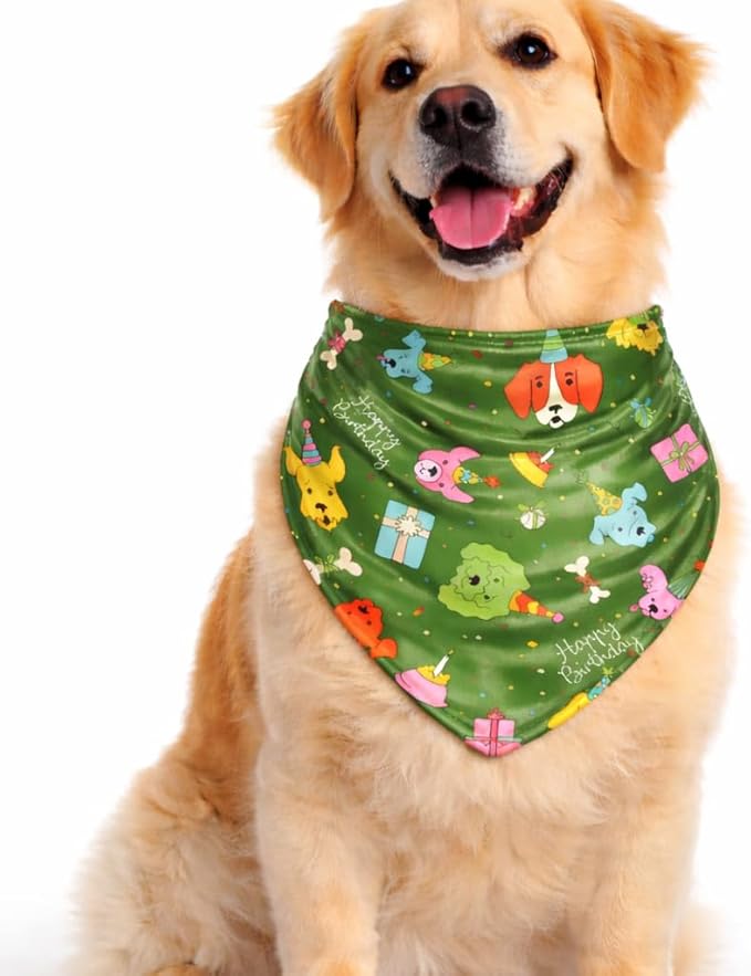 Luxury Satin Dog Bandana – Slip-On Collar Style, Premium Pet Scarf for Medium, Large & XL Dogs – Special Occasion Accessory (Collar Not Included) (Medium - Extra Large, Bday (Green))