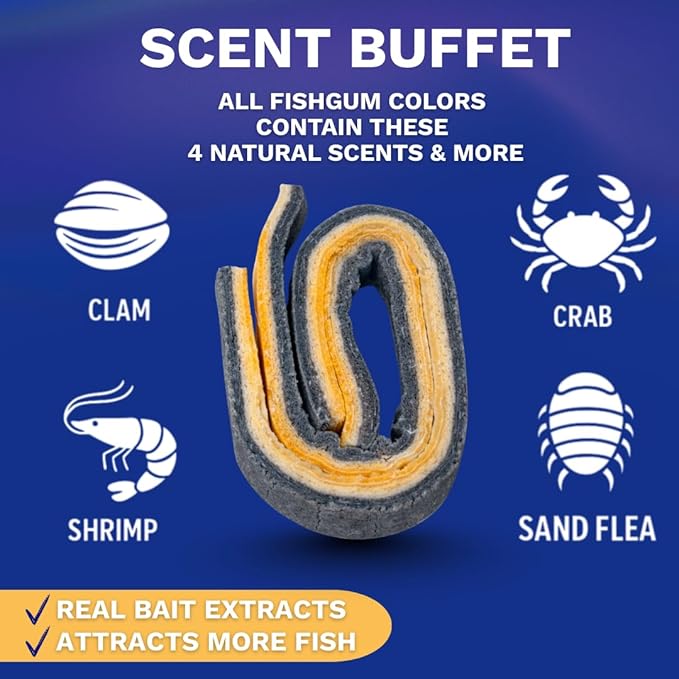 FishGum Surf Fishing Bait Strips for Saltwater Beach Fishing – Real Shrimp, Crab, Clam & Sand Flea Infused Scent – Artificial Cut Bait for Pompano, Redfish & Flounder