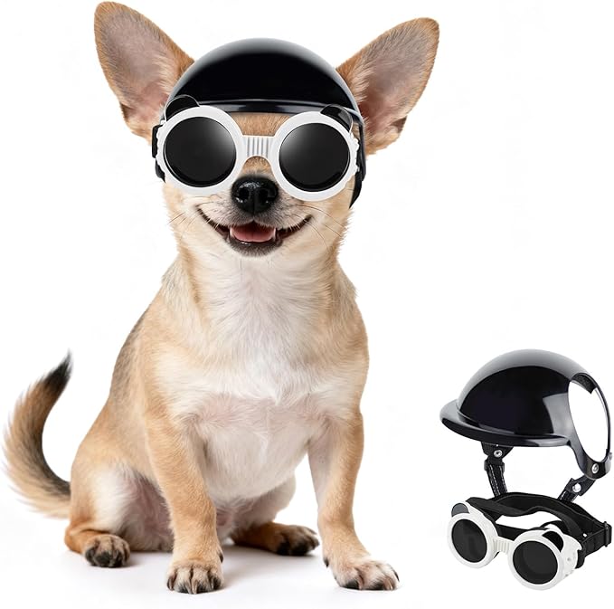 Extra Small Dog Goggles and XSmall Dog Helmet, 2Pcs Anti-UV Doggy Sunglasses Cat Motorcycle Protecetive Helmet Set, Chihuahua Safety Hard Hat Outdoor Head & Eyes Protection, White XS