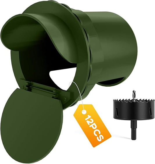 Chicken Feeder Port 12 Pack - No Waste DIY Poultry Feeding Kit with Stopper Lid & Hole Saw, Reusable Rain Proof Automatic Coop Gravity Feeder for Hens Ducks Geese (Green)