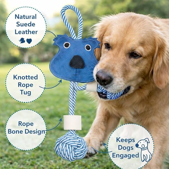 Natural Suede Leather & Rope Dog Chew Toy with Knotted Rope Bone Design Interactive Tug Toy for Medium and Large Dogs Daily Play Use Indoor Chew Toy (Squirrel Shape)