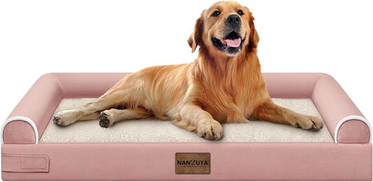 NANUYA Orthopedic Dog Bed for X-Large Dogs, 40 x 32 Inch, Pink | Egg crate foam for joint support, 3-sided bolster pet sofa, waterproof lining, washable cover, and non-skid base