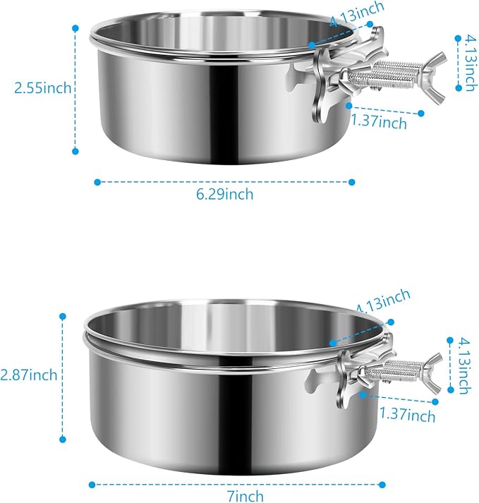 2 Pcs Large Dog Food Water Bowl for Cage with Upgraded Clamp Holder, Pet Kennel Hanging Bowls Stainless Steel Non-Spill Detectable Bowls Crate Feeder for Large Dogs (7x2.8'' & 6.3x2.5'')