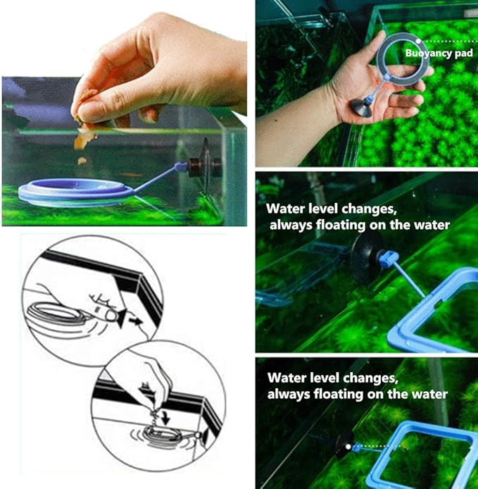 2 Pcs Fish Feeding Ring, Fish Safe Floating Food Feeder Circle Blue, with Suction Cup Aquarium, Square and Round Shape Fish Tank Towels - for Guppy, Betta, Goldfish, Etc. (Blue)¡­