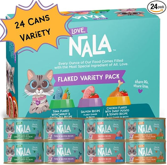 LOVE, NALA - FLAKED Fish & Chicken Variety Pack - 24 Pack- Natural Adult Cat Wet Food - Grain Free, Non-GMO, Lean Protein, Omega 3, Digestive Fiber, Added Minerals & Vitamins