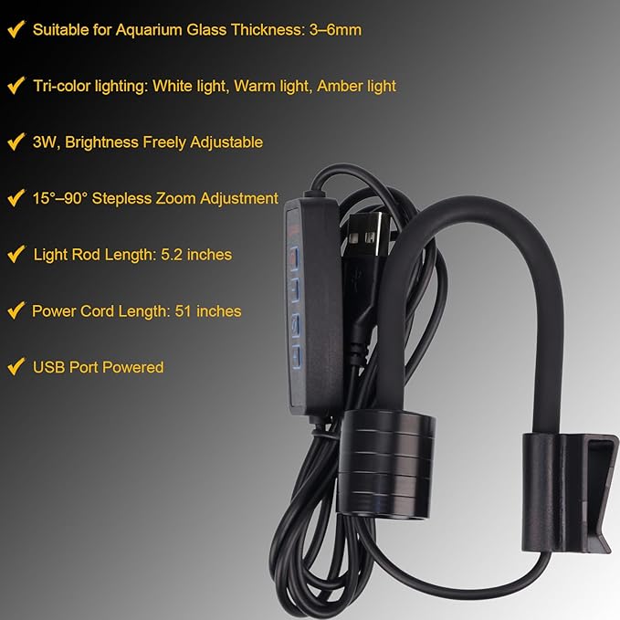 Zoom Mini Aquarium Spotlight with Timer – Gooseneck Clip-On Lamp, 15°–90° Zoom Beam, Tri-Color White/Warm White/Warm Light, Full Brightness Dimming (Black - NO Timer)