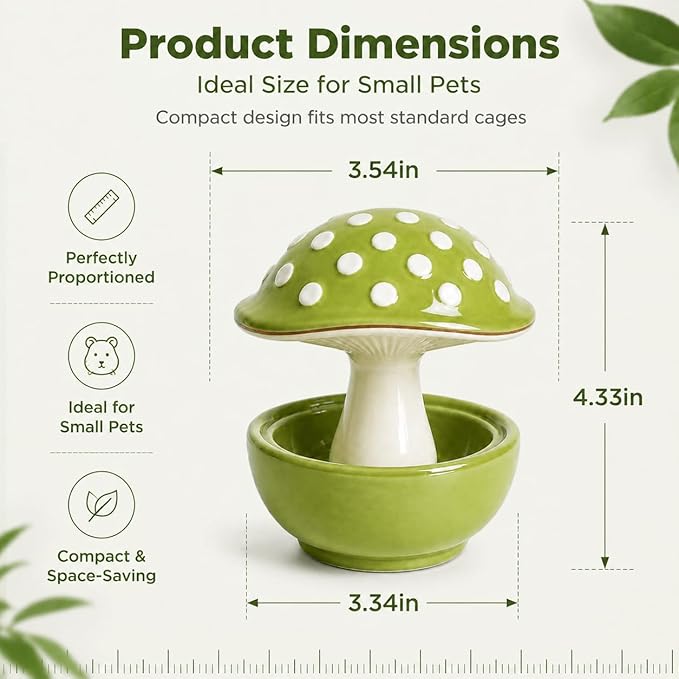 Small Animal & Bird Feeding Dish, Ceramic Mushroom No Mess Feeder for Cage, Dual-Use Food or Water Bowl for Hamster, Budgie, Cockatiel, 4.33" Height