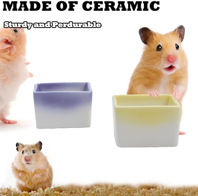 2 Pack Small Pet Ceramic Food Bowl and Water Dish Anti-Turning Cute Feeder for Hamster Guinea Pig Hedgehog Squirrel Rat (Purple and Yellow