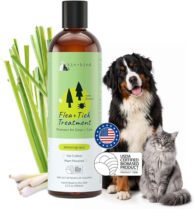 kin+kind Cat & Dog Shampoo Flea and Tick Vet Formulated - Natural Flea and Tick Prevention for Dogs - Plant Powered Shampoo w/Coconut & Olive Oil - Pet Supplies - Lemon Grass - Made in USA 12 fl oz