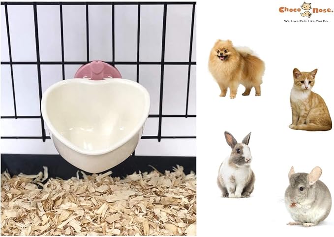 Choco Nose Patented Removable Heart Shaped Food Bowl for Dogs/Puppies/Rabbits/Cats/Guinea Pigs/Chinchillas/Birds -Water Dish for Small Pets or Animals - for Wire Cages or Crates 8 oz, Pink (C607)