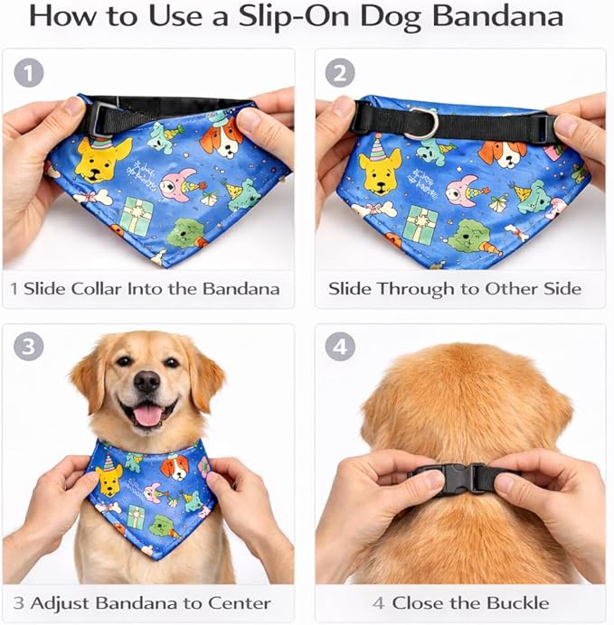 Luxury Satin Dog Bandana – Slip-On Collar Style, Premium Pet Scarf for Medium, Large & XL Dogs – Special Occasion Accessory (Collar Not Included) (Medium - Extra Large, Bday (Blue))