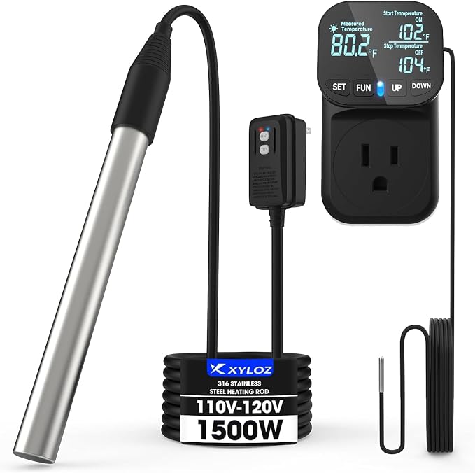 Xyloz 120V 1500W Immersion Electric Water Heater | Fully Submersible, Thermostat & GFCI, For Sinks, Bathtubs, Washbasins
