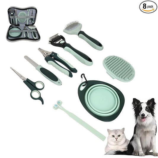 8-in-1 Pet Grooming Kit for Dogs & Cats - Includes Slicker Brush, Nail Clippers, Comb, Scissors, Toothbrush & Collapsible Bowl - Deshedding, Hair Trimming & Care Set, Travel Bag