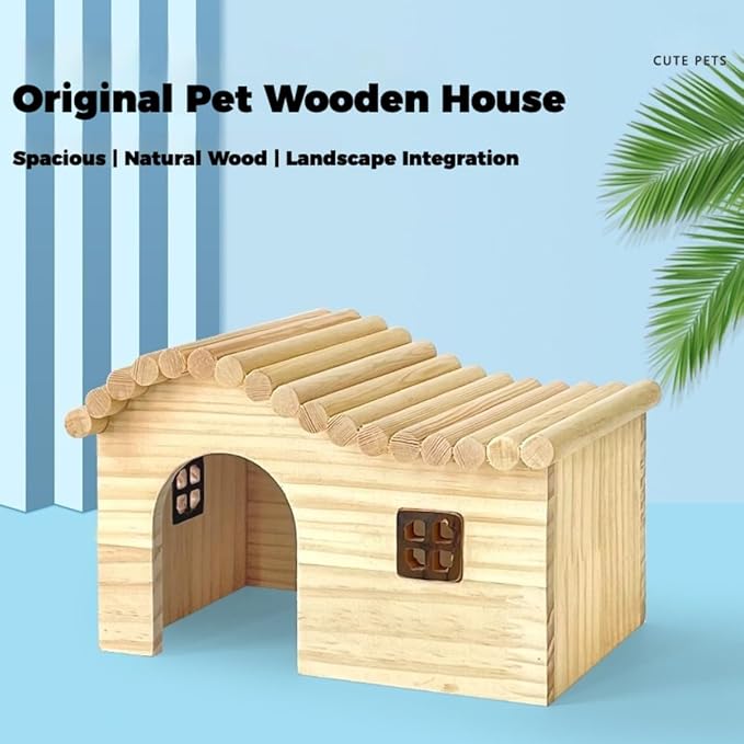 Hamster Wood Hideout Hut with Window Small Animal Wooden House for Rat Sugar Glider Gerbil Syrian Hamster Button Quail (Medium)