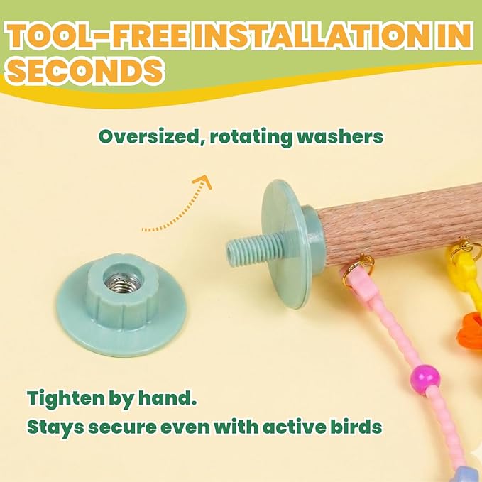 Natural Wood Bird Perch with Chewing Toy - Hanging Rainbow Strips, Beads & Charms for Parakeets Cockatiels Conures Cage Accessories