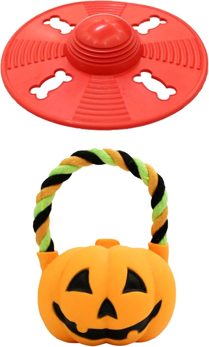 Deeow Alieen Dog Frisbee for Fetch, Teething Clean Outdoor Flying Disc, Interactive Squeaky Dogs Toy for Outdoor Pool Park Beach, Extra Gift Orange Jack-o-Lantern/Halloween Pumpkin Pet Toy