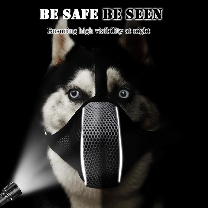 Mayerzon Dog Muzzle, Patented Mesh Soft Muzzles for Large Medium Small Dogs Poodle Husky Doberman Labrador Retriever for Scavenging Grooming Biting Chewing, Breathable Reflective Mussel with Collar