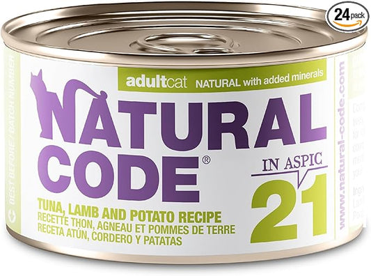Natural Code - 24 Pack Wet Cat Food, Limited Ingredient Cat Food, High-Protein, Non-GMO, No Artificial Additives, Made in Italy, Tuna, Lamb & Potato in Aspic for Adult Cats, 3 oz