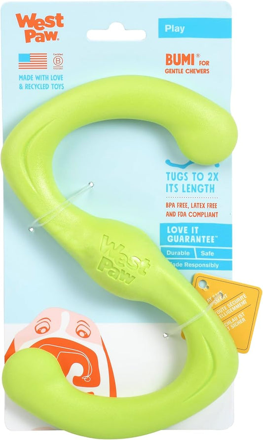 West Paw Zogoflex Bumi Dog Tug Toy – S-Shaped, Lightweight Chew Toys for Fetch, Play, Pet Exercise – Tug of War Soft Flinging Squishy Chewy Toy for Dogs – Guaranteed, Latex-Free, Small, Granny Smith