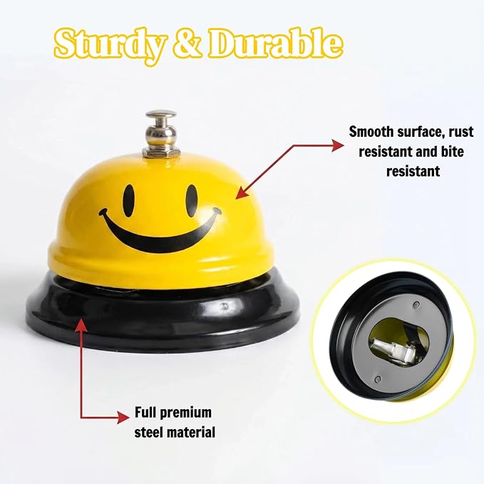 Stainless Steel Service Bell 3.35", Loud Clear Ringing Desk Call Bell for Restaurant Hotel School, Non-Slip Base, No Battery Needed for Dog Training Yellow