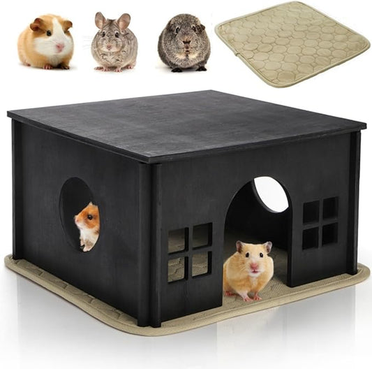 Wooden Hamster Hideout, Guinea Pig House with Soft Mat Windows, Detachable Small Pets Woodland House Decor for Chinchilla Mice Gerbils Mouse Dwarf