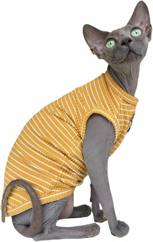 Ginger Stripe Sphynx Cat Vest Clothes for Hairless Cat T-Shirt Apparel | Sleeveless, Rib Knit, Thin for Summer, Cotton Blend