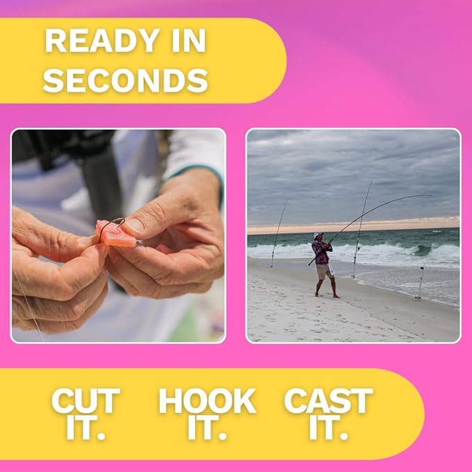 FishGum Surf Fishing Bait Strips for Saltwater Beach Fishing – Real Shrimp, Crab, Clam & Sand Flea Infused Scent – Artificial Cut Bait for Pompano, Redfish & Flounder