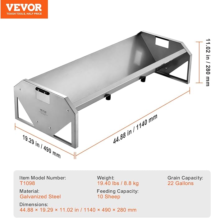 VEVOR Livestock Feeding Trough, 22 Gallon Capacity, 45" Hay Feeder, Heavy Duty Steel Livestock Trough, Galvanized Steel Sheep Feeder Trough Feeding up to 10 Goats for Horse Sheep Hog Farm Sheds Pen
