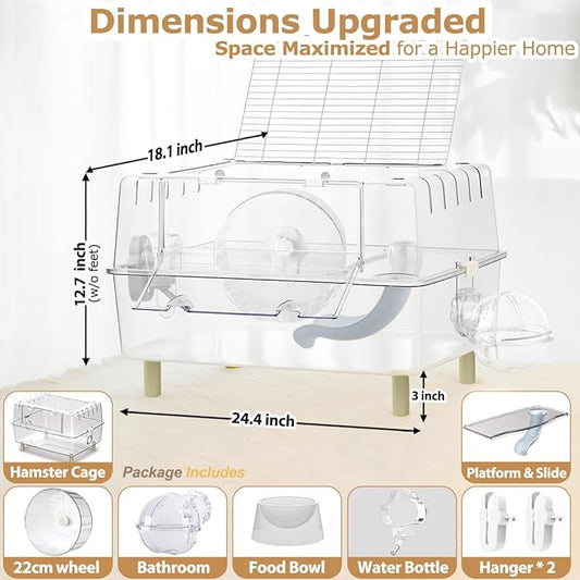 Large Hamster Cage,Crystal Clear Acrylic Hamster Cage with Stand,24.4''L*18.1''W*15.8''H Pet Mouse Cage for Pet Mice,Crystal Mouse Habitat,Hamster Enclosure with Modular Platform,Hamster Starter Kit