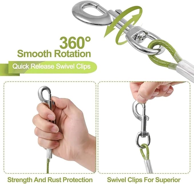 Tie Out Cable for Dogs,10/20/30/50/100FT Dog Leads for Yard Chew Proof,Heavy Duty Tie Out Cable for Large Dogs Up to 125lbs,Dog Runner Tether (Green, 125Ibs 100ft)