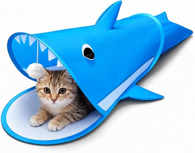Blue Shark Cat Tunnel Toy, Collapsible Pop-Up Cat Play Tunnel with Interactive Hanging Ball & Storage Bag, Durable Polyester Interactive Cat Toy for Indoor Cats, Kittens
