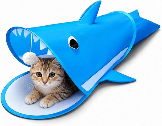 Blue Shark Cat Tunnel Toy, Collapsible Pop-Up Cat Play Tunnel with Interactive Hanging Ball & Storage Bag, Durable Polyester Interactive Cat Toy for Indoor Cats, Kittens