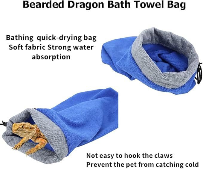 Bearded Dragon Bath Towel Bag with 2Pcs Reptile Bathing Brush, Fast Drying Absorbent Lizard Towel, Bearded Dragon Accessories, Dragon Towel for Gecko/lizard/Leopard Gecko/Bearded Dragon Pool