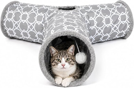 Geometric 3 Way Cat Tunnel with Plush Inside,Cats Toys Collapsible Tunnel Tube with Balls, for Rabbits, Kittens, Ferrets,Puppy and Dogs