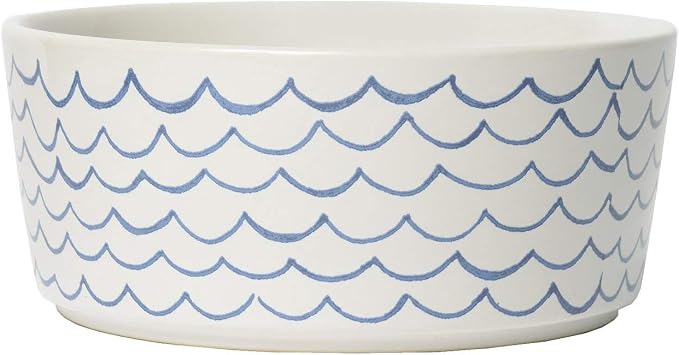 Waggo Ceramic Dog Bowl – Blue & White Wave Pattern Pet Food & Water Bowl – Durable, Dishwasher Safe Modern Dog Dish (Medium)