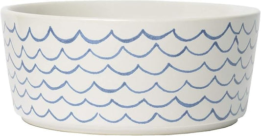 Waggo Ceramic Dog Bowl – Blue & White Wave Pattern Pet Food & Water Bowl – Durable, Dishwasher Safe Modern Dog Dish (Medium)