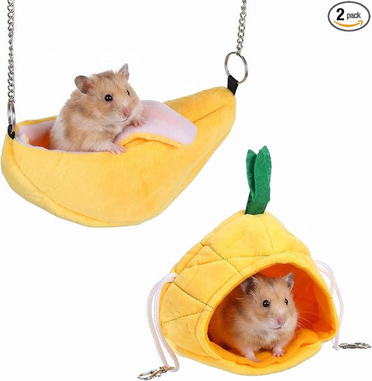 Nogeqi 2 Pcs Hamster Bed, Soft Rat Guinea Pig Hammock, Hanging House Rat Cage Accessories for Guinea Pig Rat Sleep and Play(Banana and Pineapple)