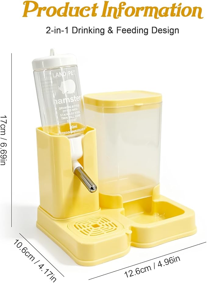Hamster Water Bottle 2-in-1, 80ml Top-Fill Water Dispenser & 320ml Food Feeder, BPA-Free Anti-Leak Small Animal Cage Accessories for Hamster Gerbil Mouse (Yellow)