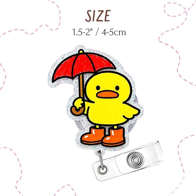 Duck in Rain Boots Badge Reel Glitter Cute Acrylic Office Teacher Nurse Funny Retractable ID Card Holder Clip Name Tag Alligator Swivel Durable Easter Spring Summer Gift Women Work Accessories